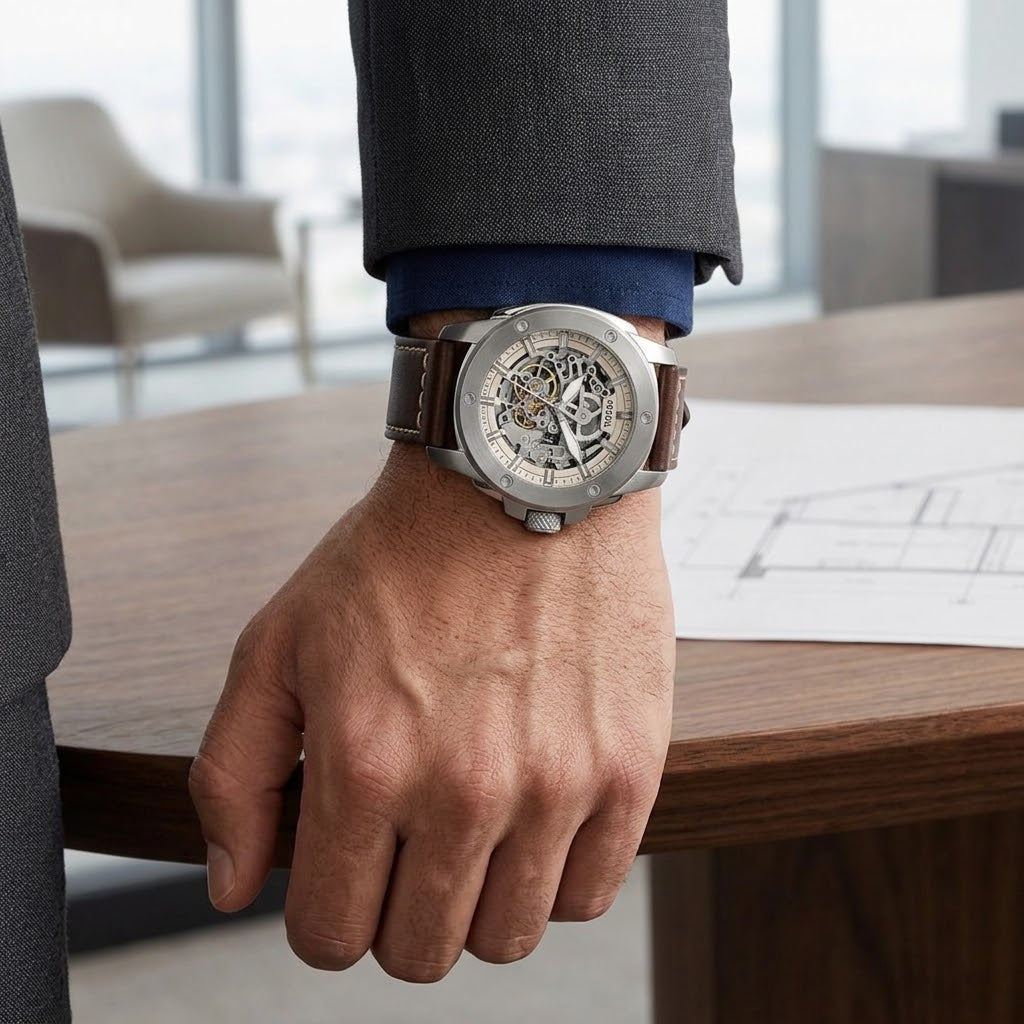 Fossil Machine ME3083 men's automatic watch worn on the wrist with skeleton dial and brown leather strap