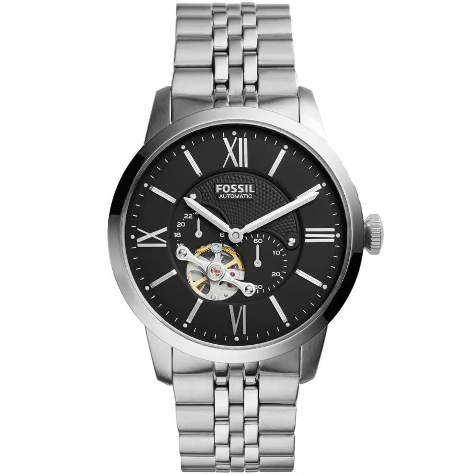 Fossil Townsman ME3107 men's automatic skeleton watch with black dial and silver stainless steel bracelet