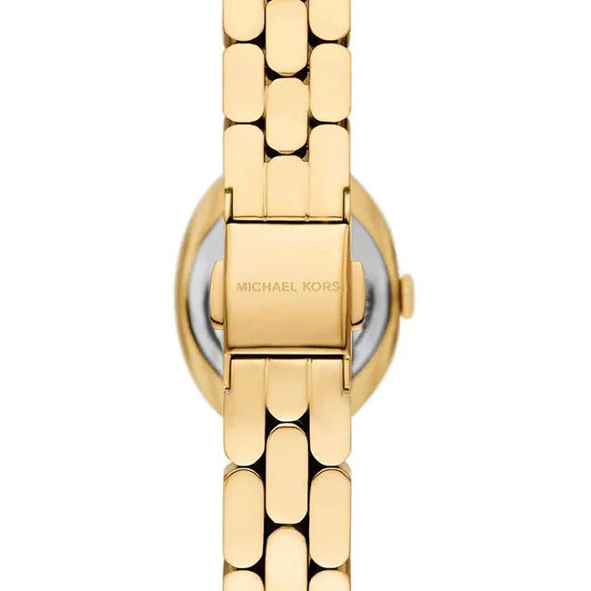Gold watch with a chain-like band on a white background