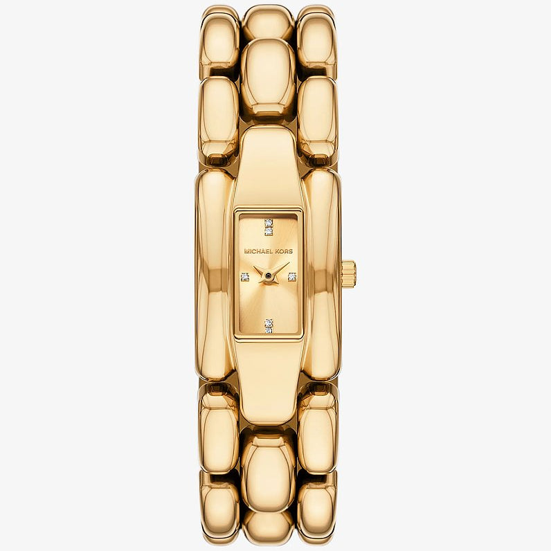 Gold watch with a white background