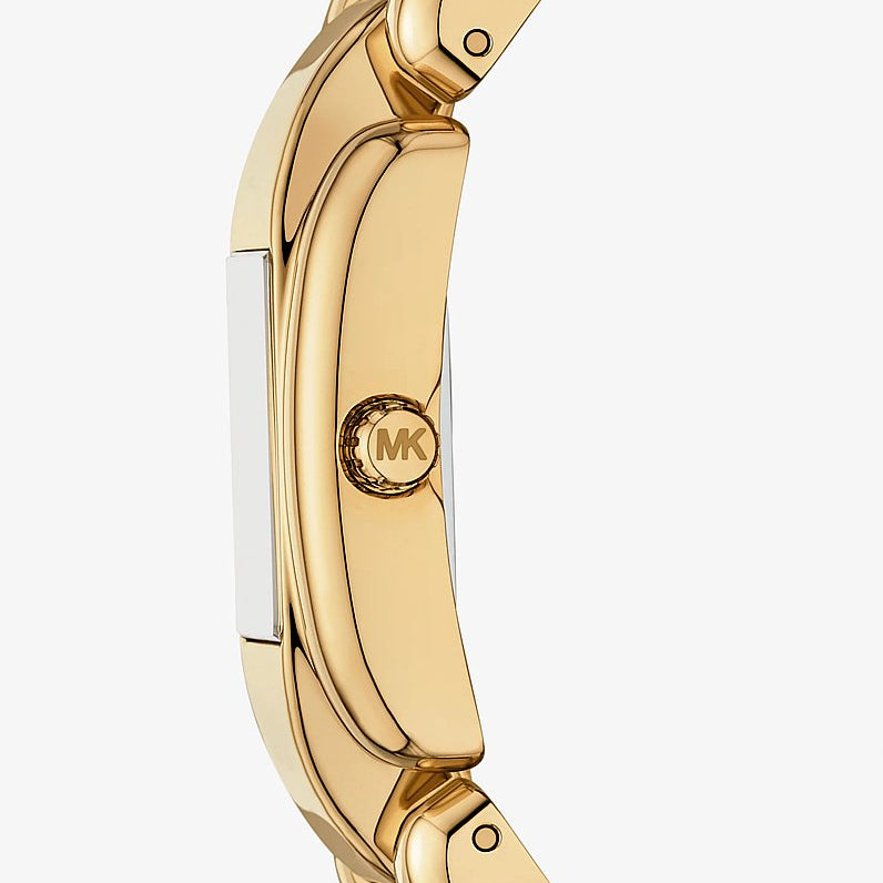 Gold watch with a visible brand logo on a white background