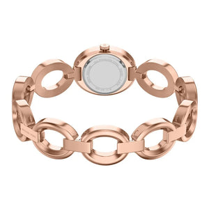 Rose gold watch with a unique interlocking oval link bracelet and a round case, shown from the back on a white background.