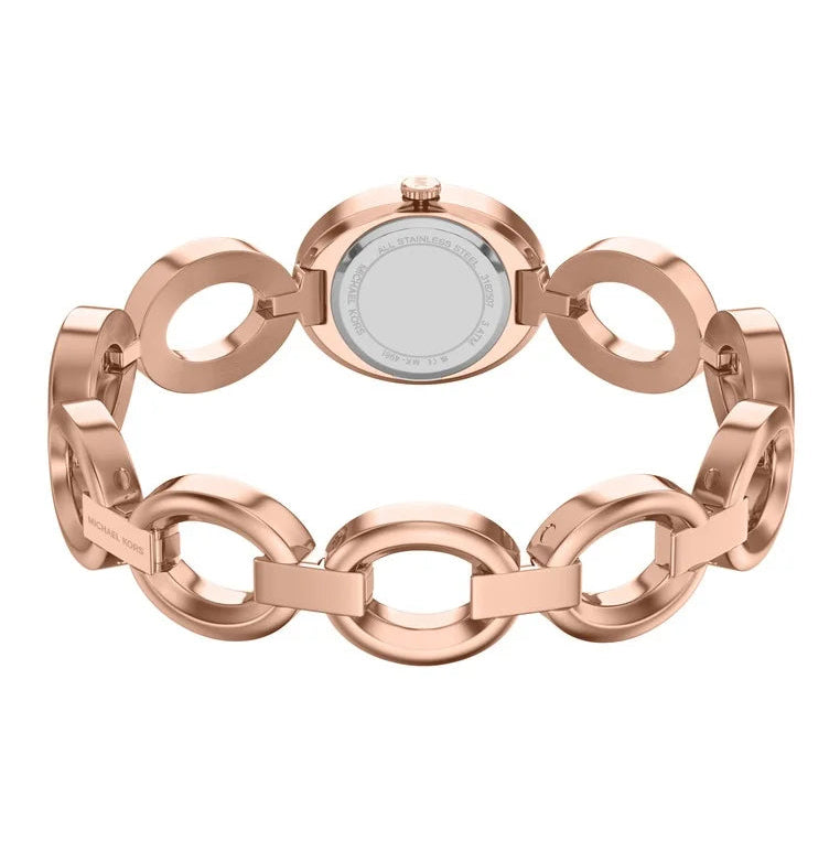 Rose gold watch with a unique interlocking oval link bracelet and a round case, shown from the back on a white background.
