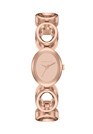Michael Kors oval analog watch with a rose gold-tone metal link bracelet and matching dial, shown on a plain white background.