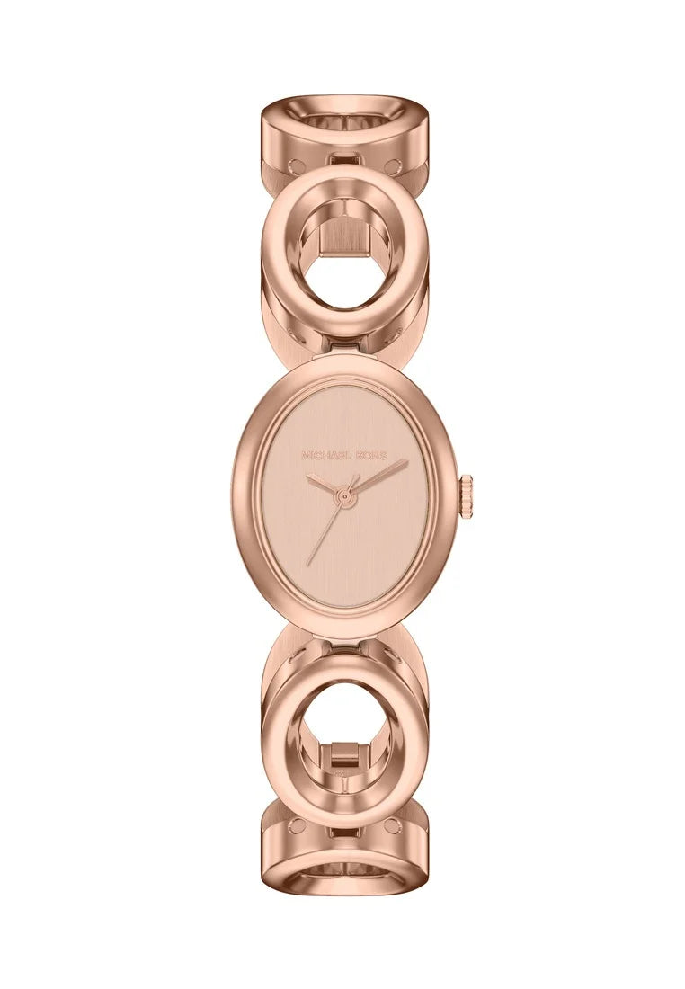 Michael Kors oval analog watch with a rose gold-tone metal link bracelet and matching dial, shown on a plain white background.