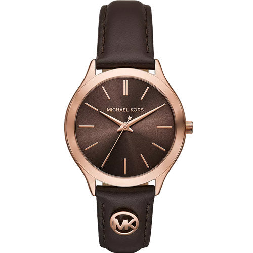 Michael Kors analog watch with a dark brown sunburst dial, rose gold-tone case, and a dark brown leather strap featuring an MK logo medallion.