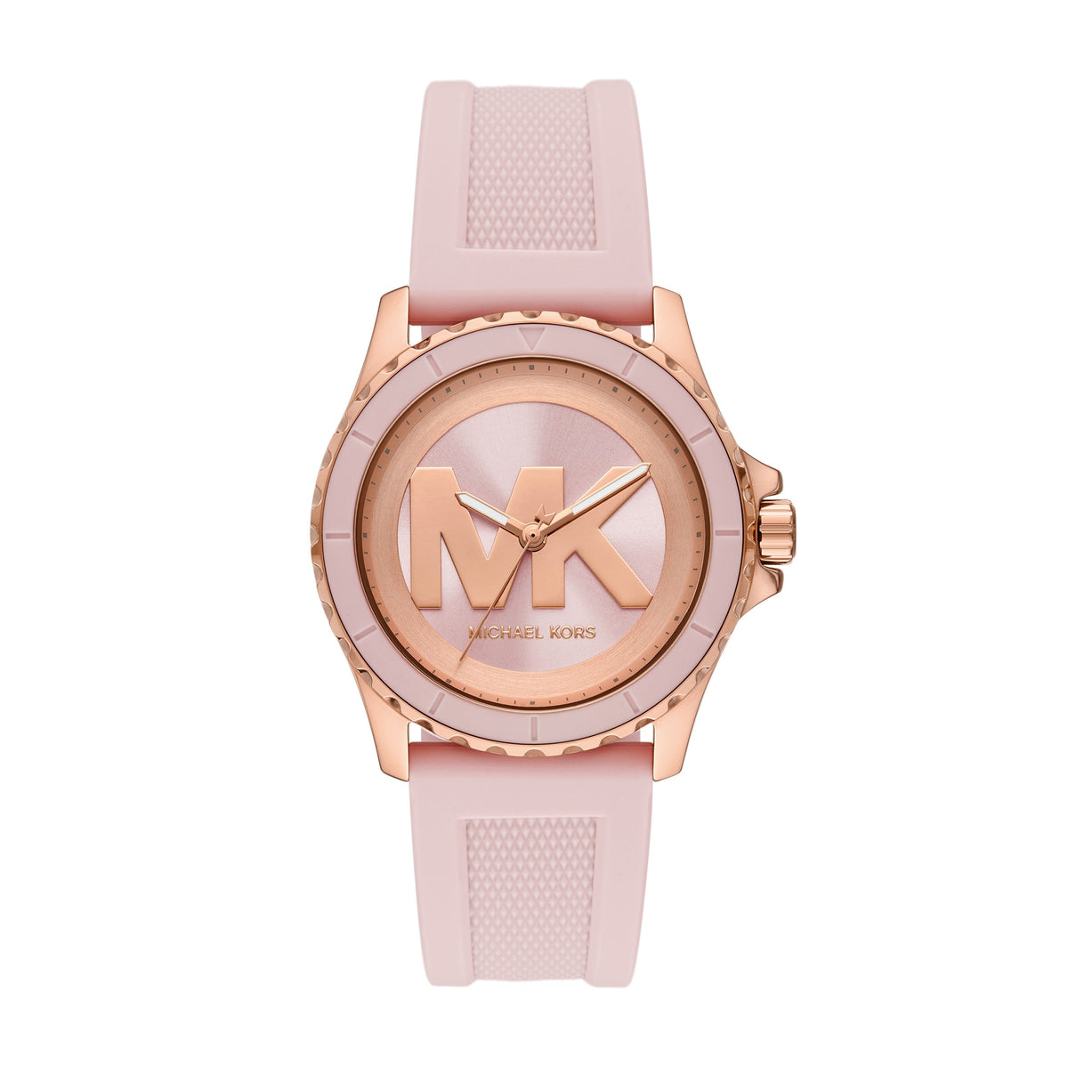 MK7536 Michael Kors analog watch with a light pink textured silicone strap, a rose gold-tone case, and a matching rose gold dial featuring a large 'MK' logo.