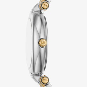 Detailed view of gold-tone crown on Michael Kors Lennox MK01085 with blue mother of pearl dial and metal bracelet