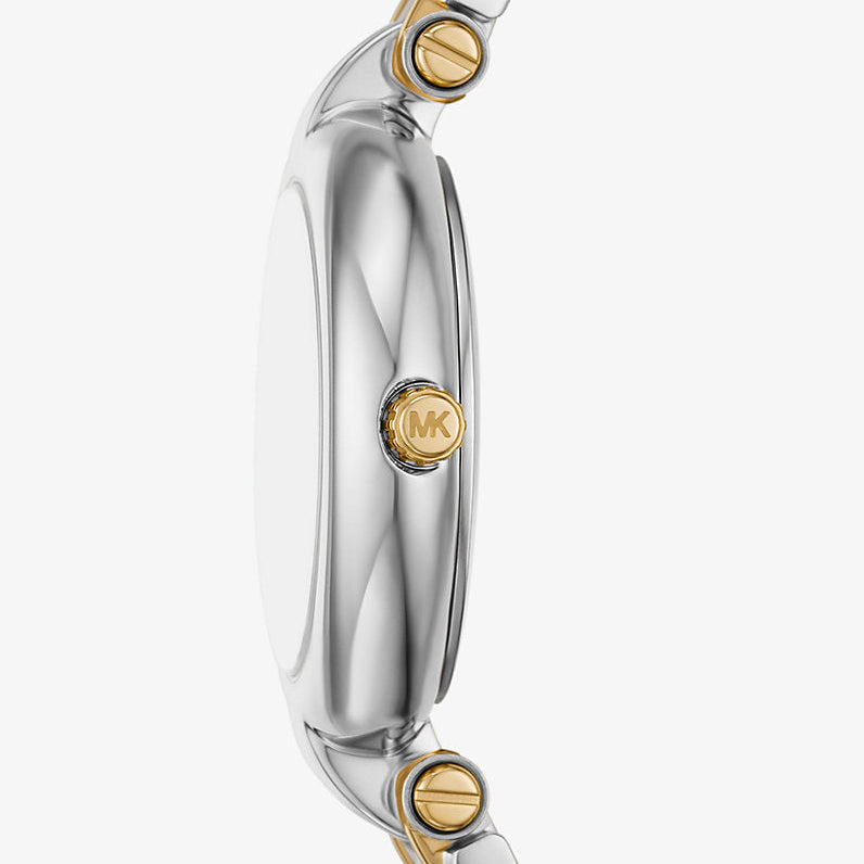 Detailed view of gold-tone crown on Michael Kors Lennox MK01085 with blue mother of pearl dial and metal bracelet