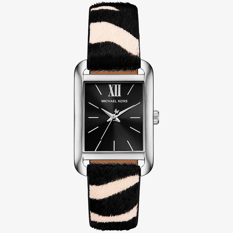 Authentic real-life photo of Michael Kors MKo1147 showing actual zebra print strap and black dial