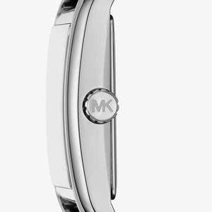 Side view photo of Michael Kors MKo1147  showing rectangular case thickness and silver crown detail