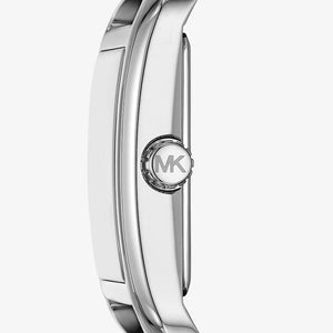 Detail photo of the silver-tone crown on the Michael Kors MKo1199 women's watch