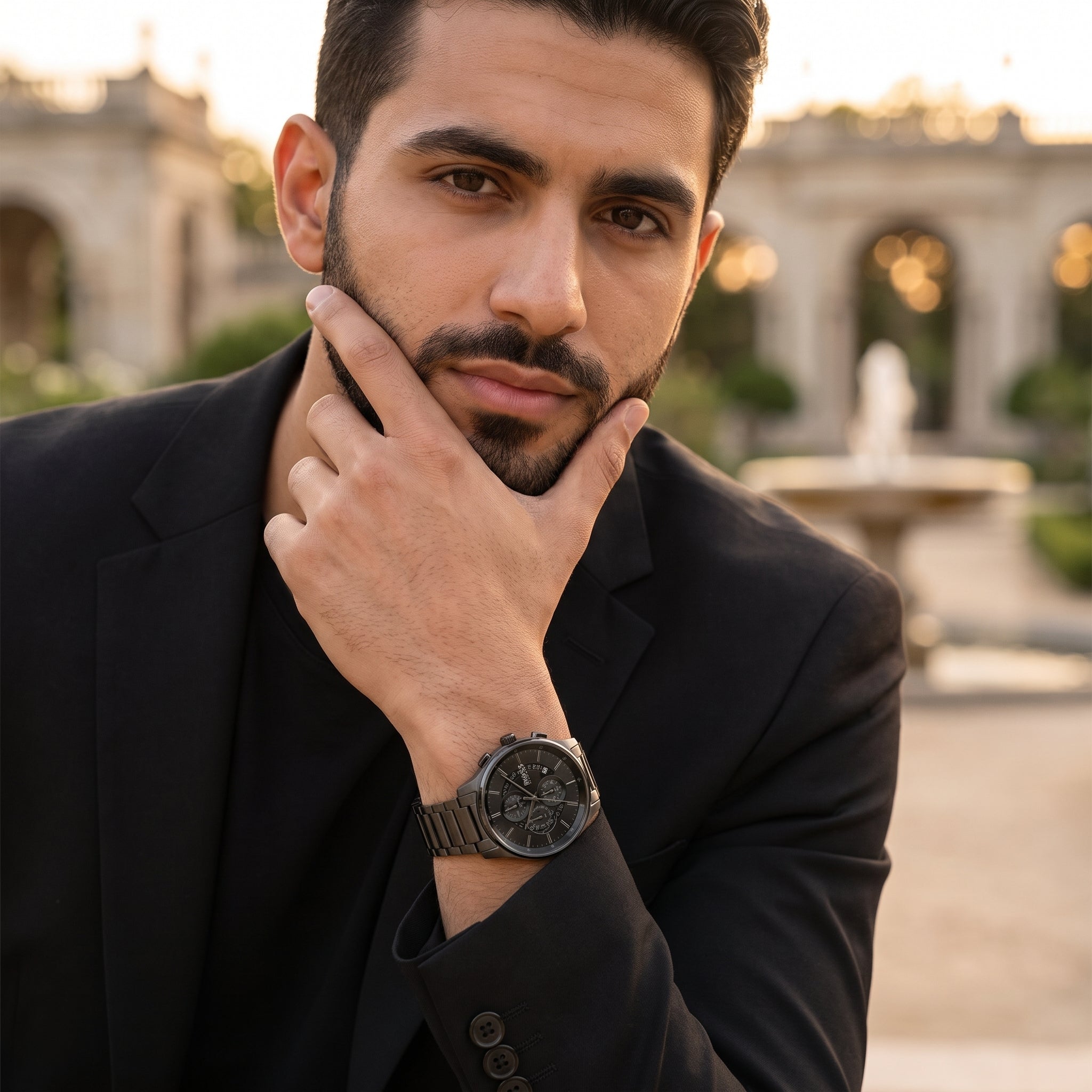 Lifestyle luxury shot featuring the Hugo Boss Peak 1514192 chronograph men's watch.