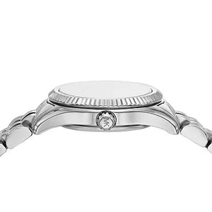 Angled real-life photo of Michael Kors MK4843 showing the polished silver case and fluted detail