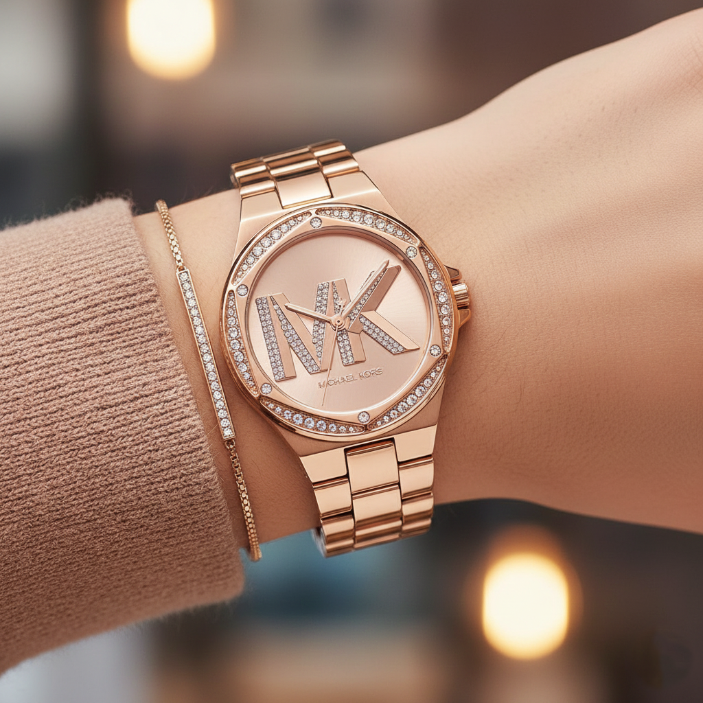 Extreme close-up of Michael Kors MK1063 showing rose gold dial and crystal MK logo