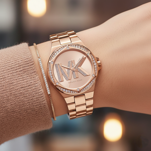 Extreme close-up of Michael Kors MK1063 showing rose gold dial and crystal MK logo