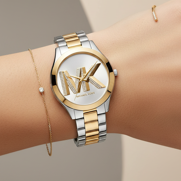 Michael Kors MK4735 Women’s Silver Dial Two-Tone Stainless Steel Crystal Logo Watch - Luxury Hub Store