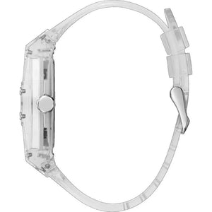 Angled view of Guess V1051M1 showing the transparent barrel case structure