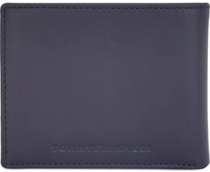 Navy leather wallet with 'John Varvatos' branding on a black background