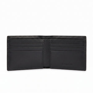 Open view studio product photography showcasing the interior card slots and lining of the Calvin Klein leather wallet