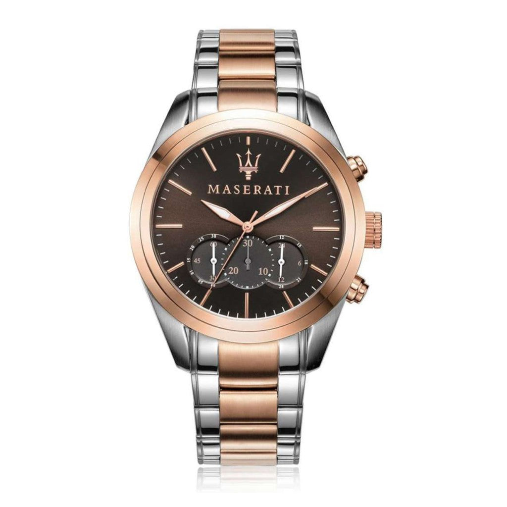 Maserati watch with two-tone rose gold and silver bracelet on a white background