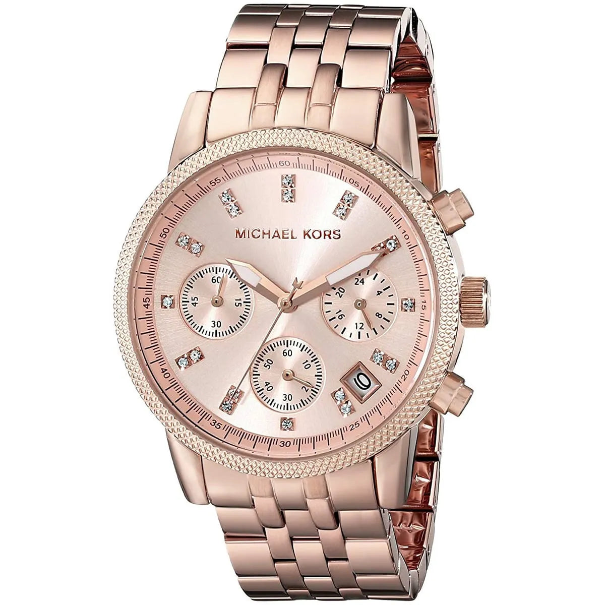 Right angled view of Michael Kors Ritz MK6077 highlighting rose gold finish and textured bezel technical details