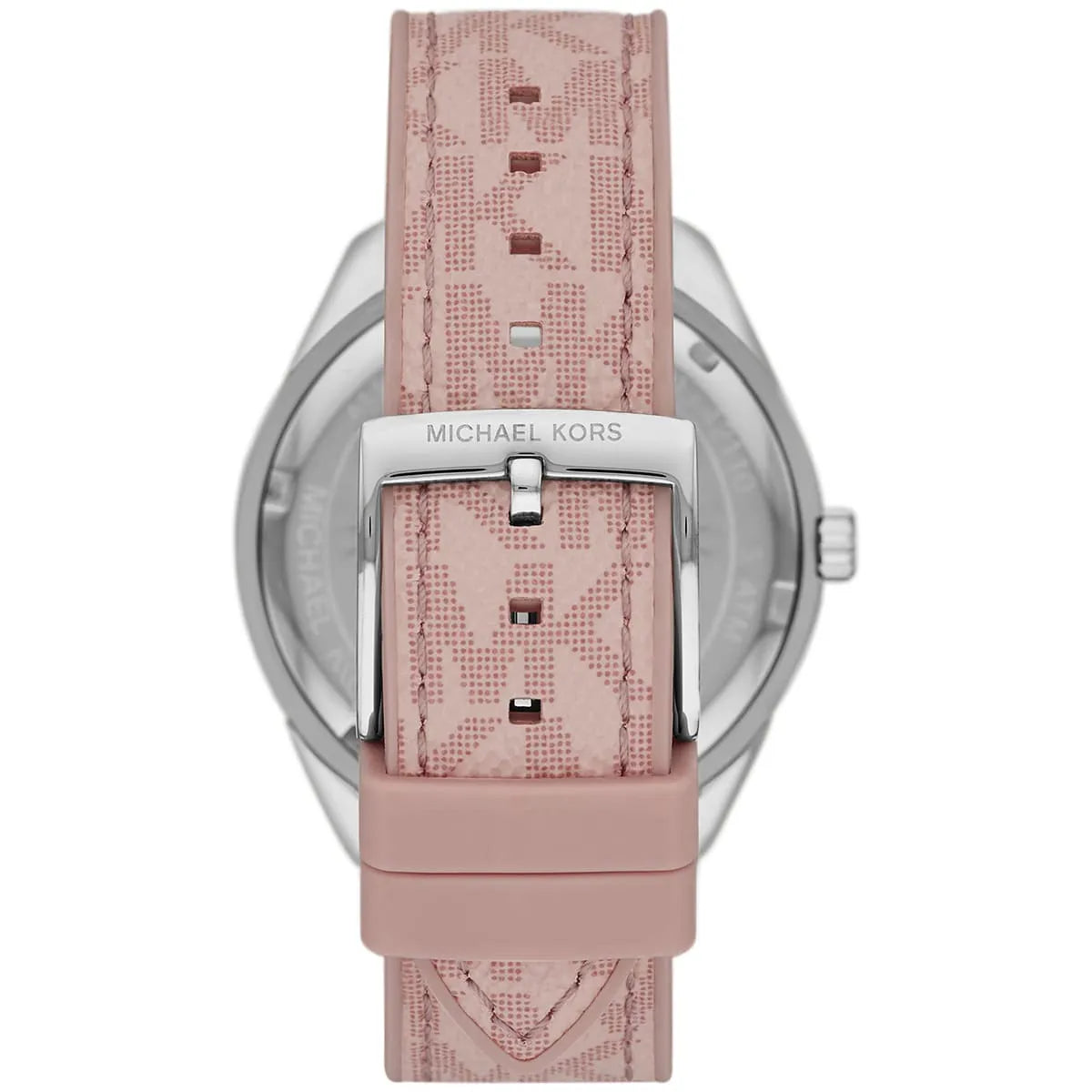 Close-up of the silver-tone pin buckle with the engraved Michael Kors branding on the pink logo-patterned rubber strap
