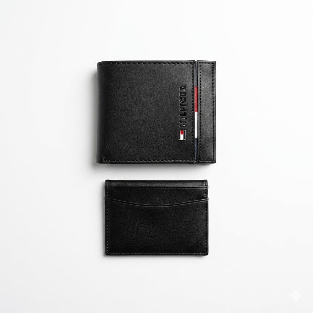 Studio product view of the Tommy Hilfiger mirror original black leather wallet next to its matching standalone minimalist card holder
