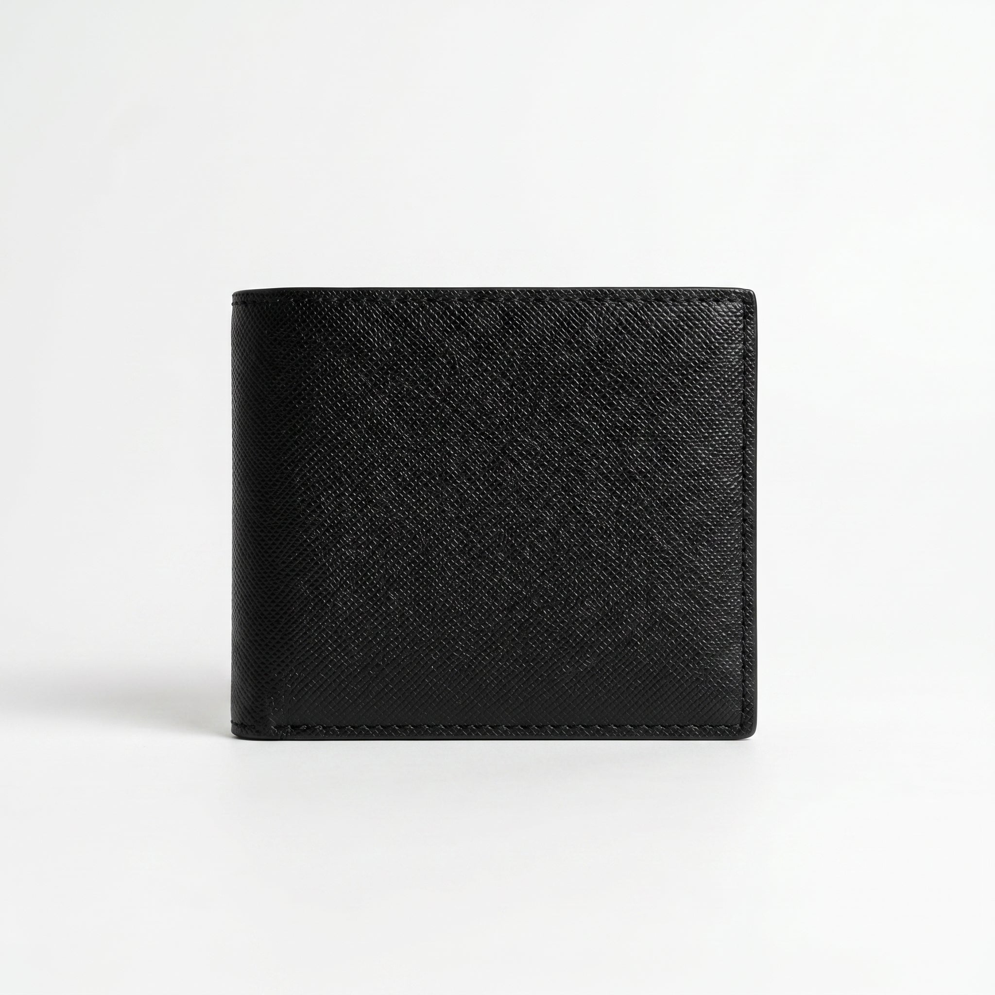 Straight back view product photography of the Tommy Hilfiger mirror original textured black leather wallet showing a minimalist clean stitched layout