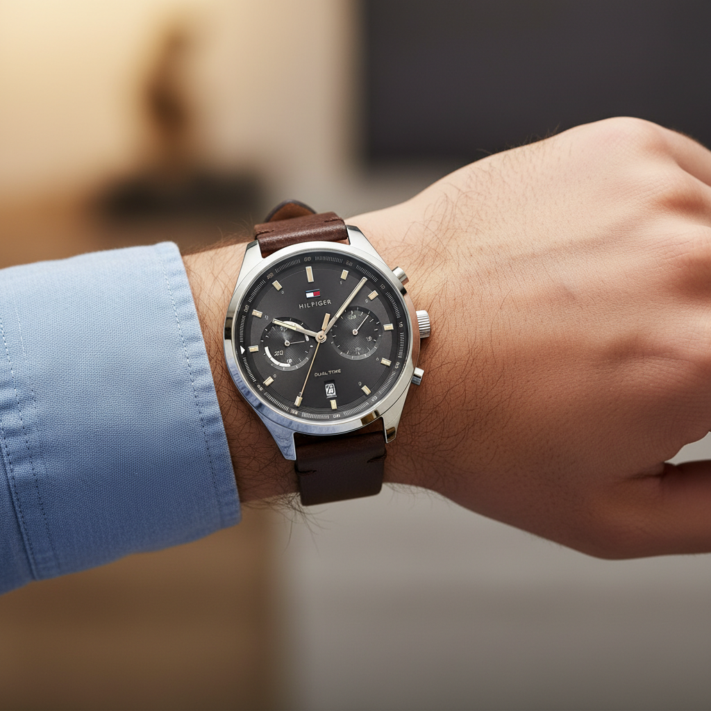 Close up shot of Tommy Hilfiger 1791729 on wrist showing the dark grey dial with dual time sub-dials and date window