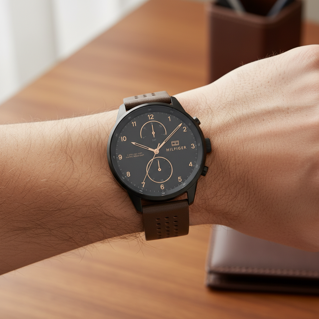 Close up of black textured dial and rose gold hands of Tommy Hilfiger 1791577