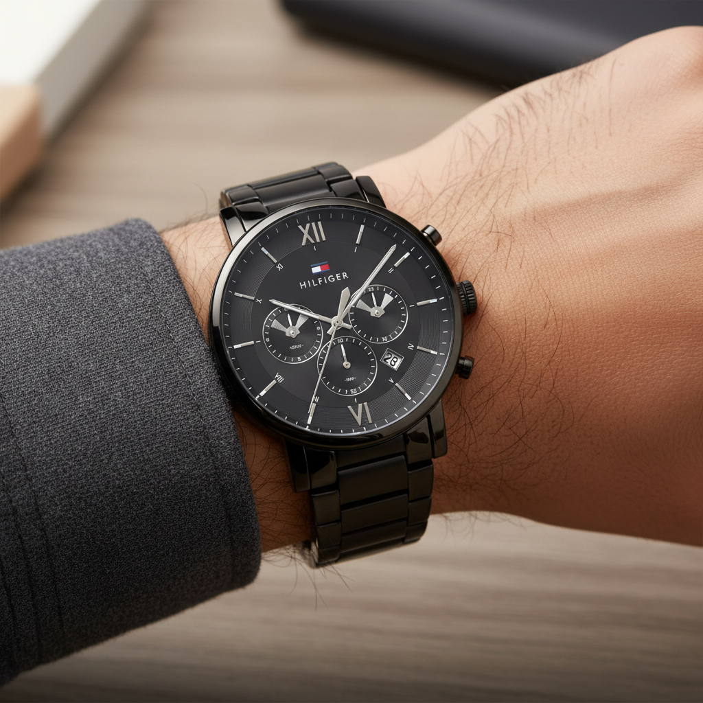 Close up shot of Tommy Hilfiger 1710410 watch on wrist showing the black roman numerals and sub-dials