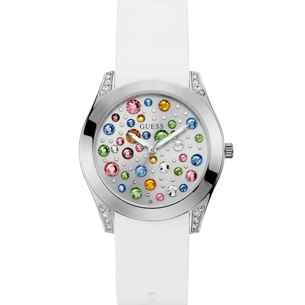 White Guess watch with colorful gemstones on a white background