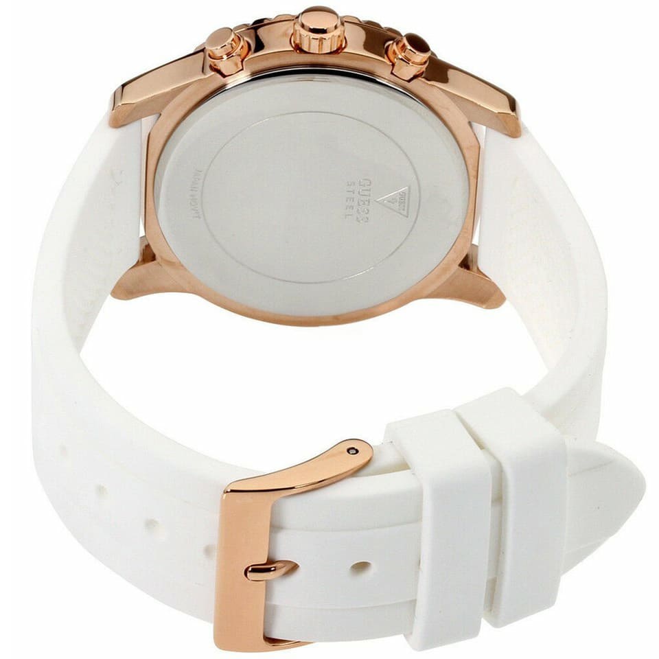 Caseback of Guess Confetti W1098L5 women's multi-function watch showing technical specs 50m water resistance and stainless steel material