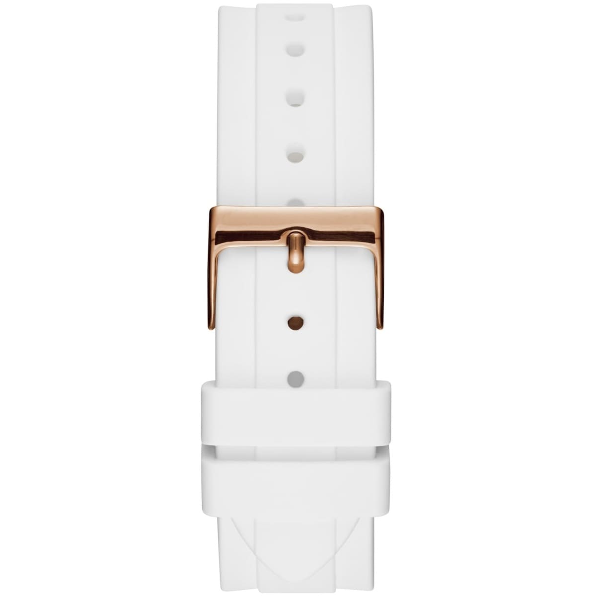 Detailed close-up view of the polished rose gold-tone deployment clasp on the stainless steel link bracelet for the Guess Confetti W1098L5 women's watch