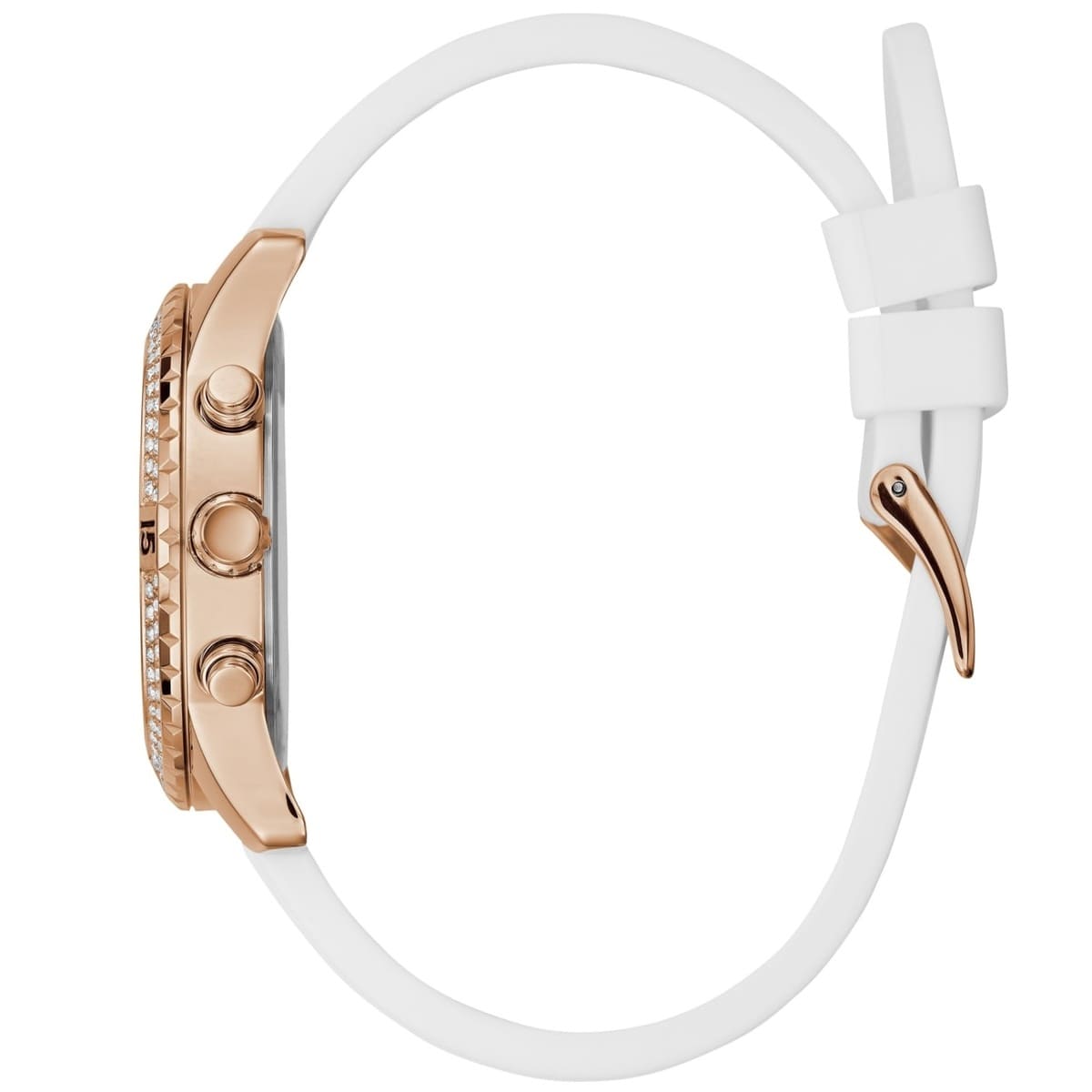 Side profile of Guess Confetti W1098L5 women's multi-function watch showing 11mm thickness and polished rose gold-tone finish