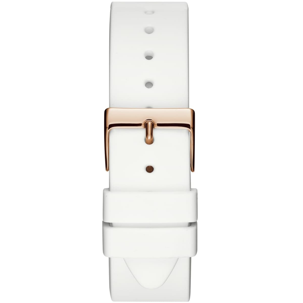 Detailed close-up view of the polished rose gold-tone buckle clasp on the white textured silicone rubber strap for the Guess Solar W1135L1 women's watch
