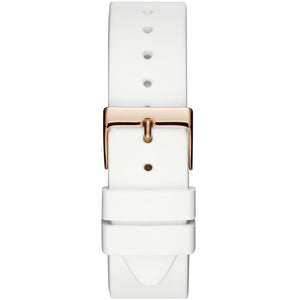 Detailed close-up view of the polished rose gold-tone buckle clasp on the white textured silicone rubber strap for the Guess Solar W1135L1 women's watch