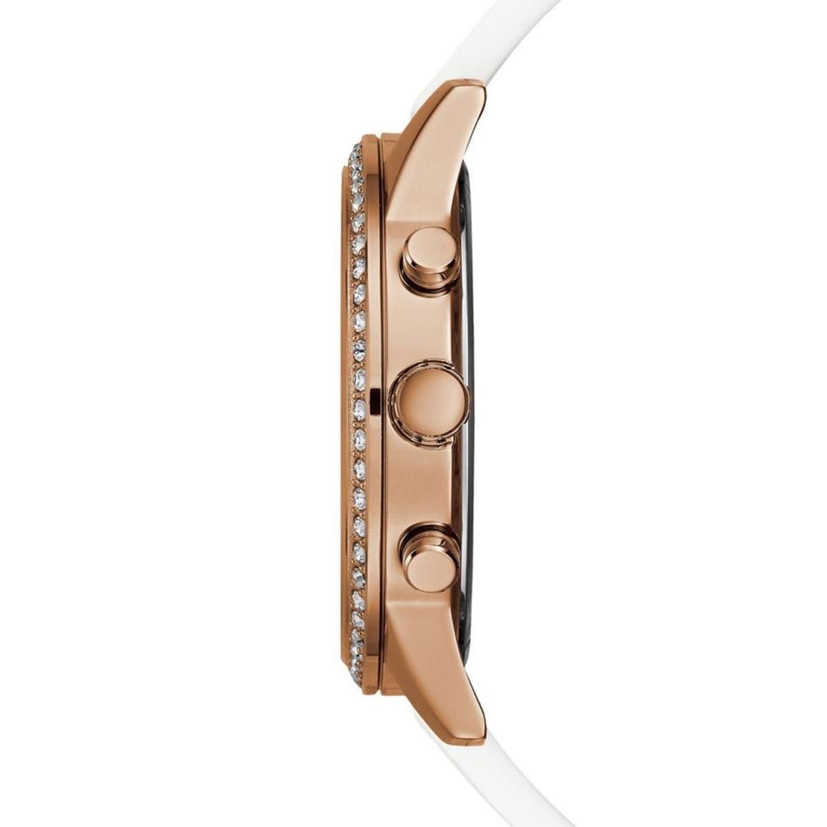 Side profile of Guess Solar W1135L1 women's quartz battery multi-function watch showing 11mm thickness and polished rose gold-tone finish