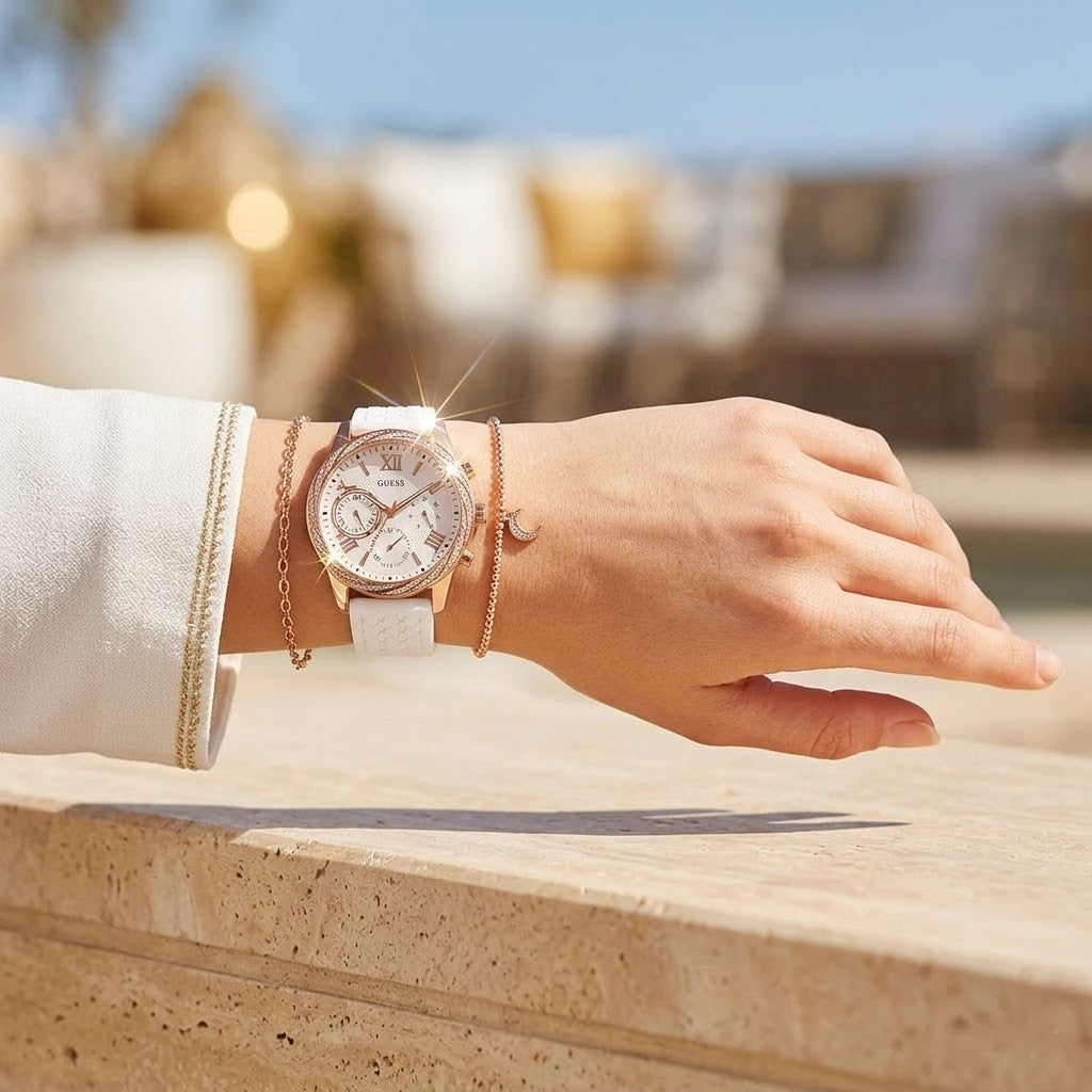 Close up of Guess Solar W1135L1 women's quartz battery multi-function watch (Rose Gold Cushion Case and White Rubber Strap variant) on wrist showing deep silver-white dial with multi-function display and luminous indices