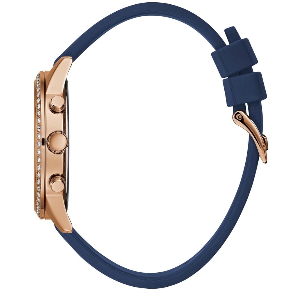 Right angled view of Guess Solar W1135L3 women's quartz battery multi-function watch highlighting polished gold finish and cushion case details