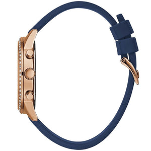 Right angled view of Guess Solar W1135L3 women's quartz battery multi-function watch highlighting polished gold finish and cushion case details