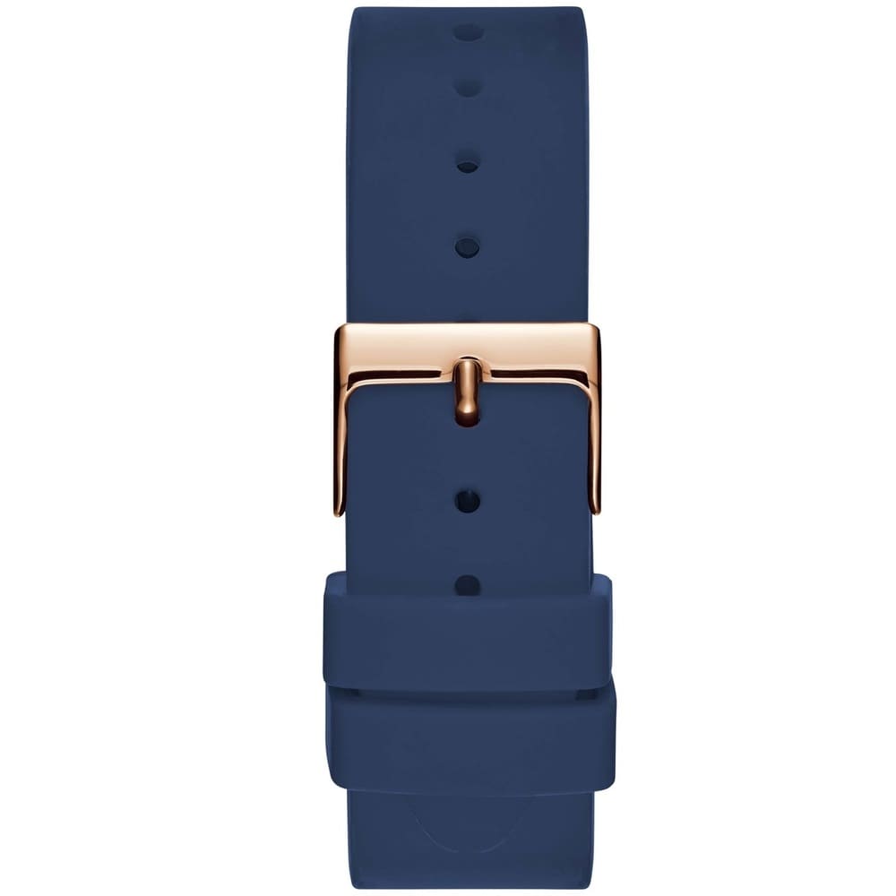 Detailed close-up view of the polished gold-tone buckle clasp on the royal blue textured silicone rubber strap for the Guess Solar W1135L3 women's watch