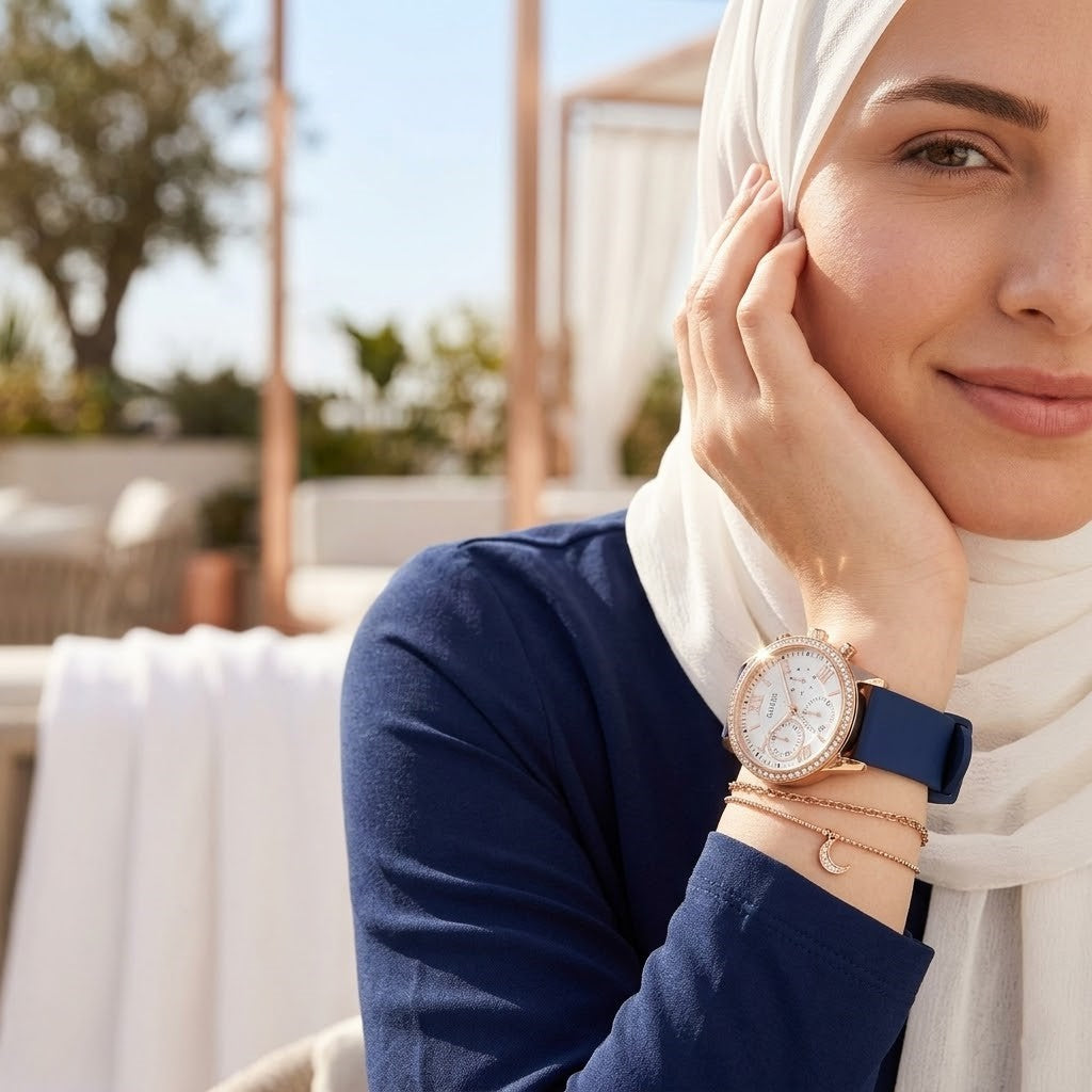 Elegant woman wearing Guess Solar W1135L3 women's quartz battery multi-function gold watch with royal blue rubber strap, adding distinctive casual luxury style