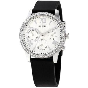Left angled view of Guess Sunrise W1135L5 women's multi-function watch showing durable black rubber strap and case structure