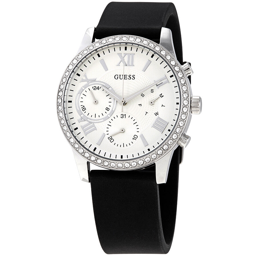 Left angled view of Guess Sunrise W1135L5 women's multi-function watch showing durable black rubber strap and case structure