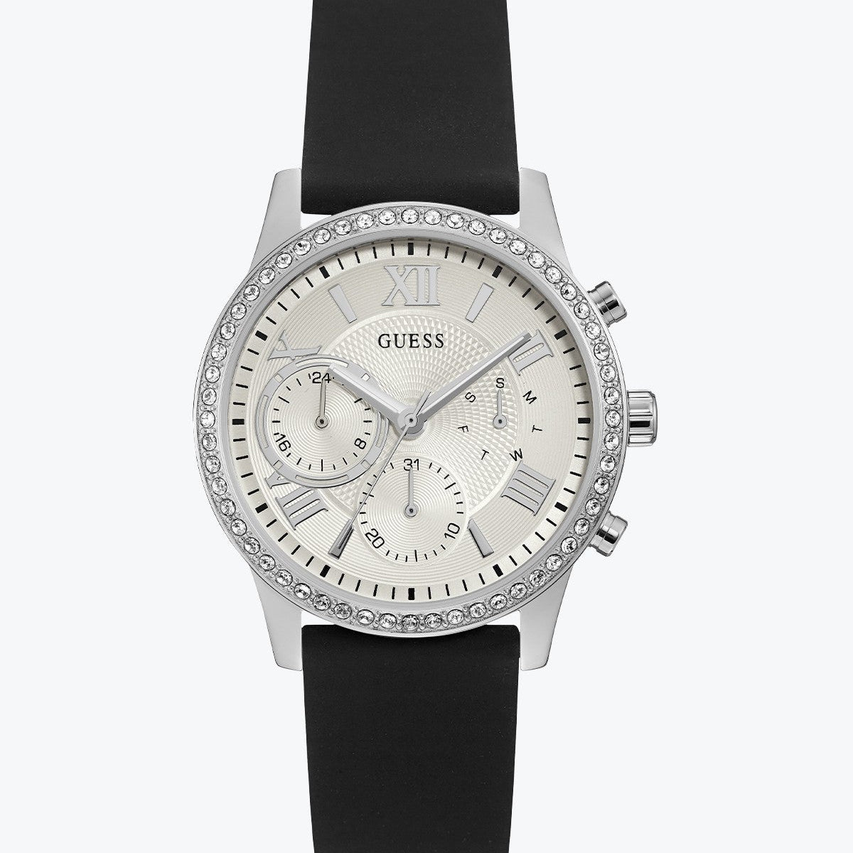 Guess Sunrise Multi-Function W1135L5 women's watch with cushion-shaped silver-tone case, dynamic bezel embellished with crystals and screw details, deep silver-white dial with luminous gold hands and indices, three distinct crowns on the side, and integrated flexible black silicone rubber strap main view