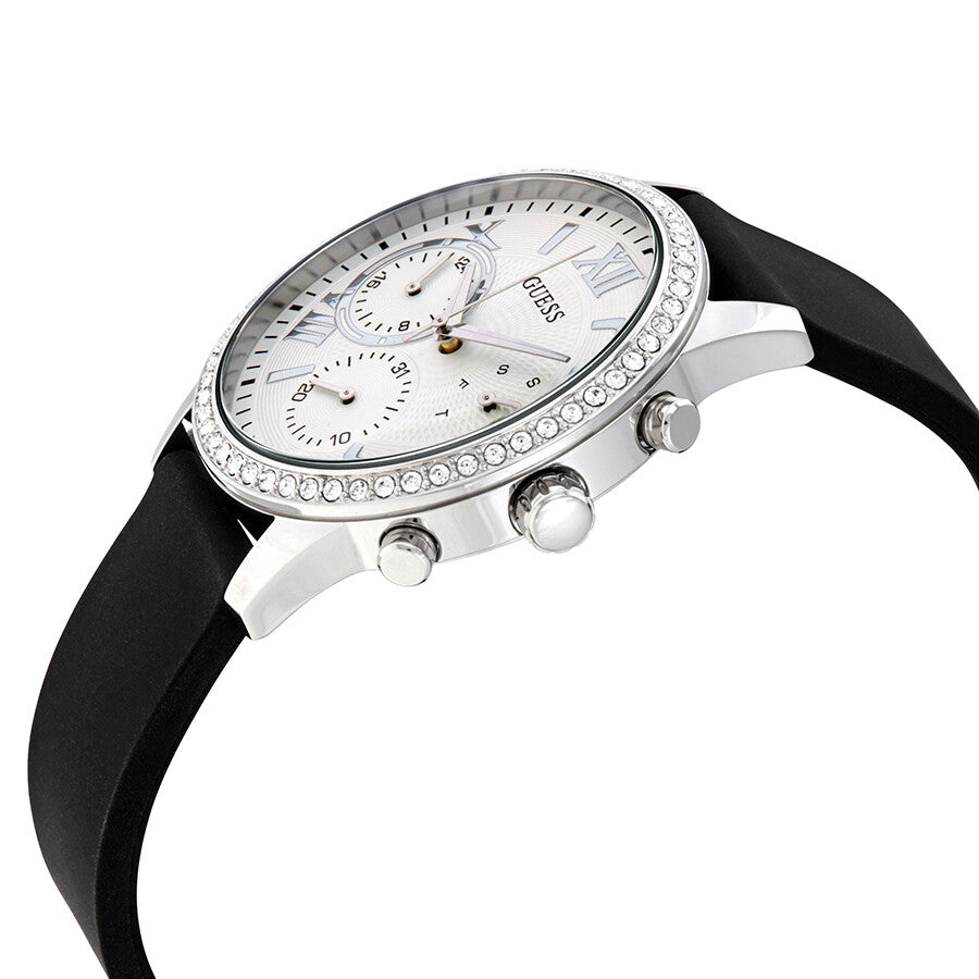 Right angled view of Guess Sunrise W1135L5 women's multi-function watch highlighting polished silver finish and cushion case details