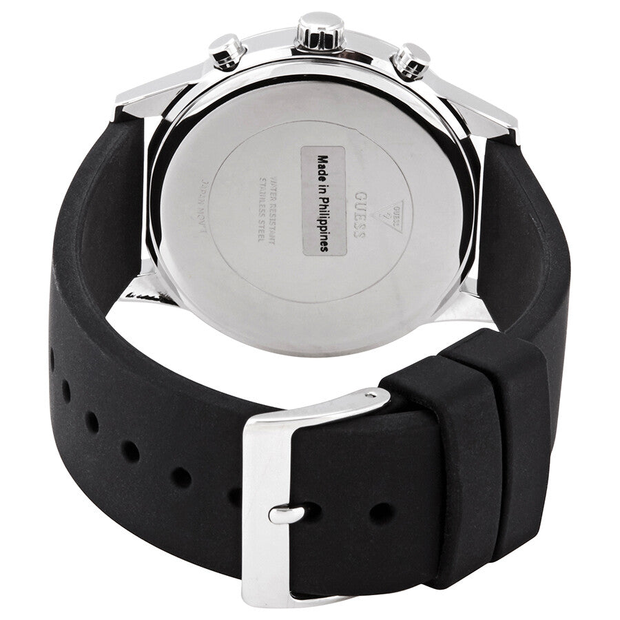 Caseback of Guess Sunrise W1135L5 women's multi-function watch showing technical specs 50m water resistance and stainless steel material