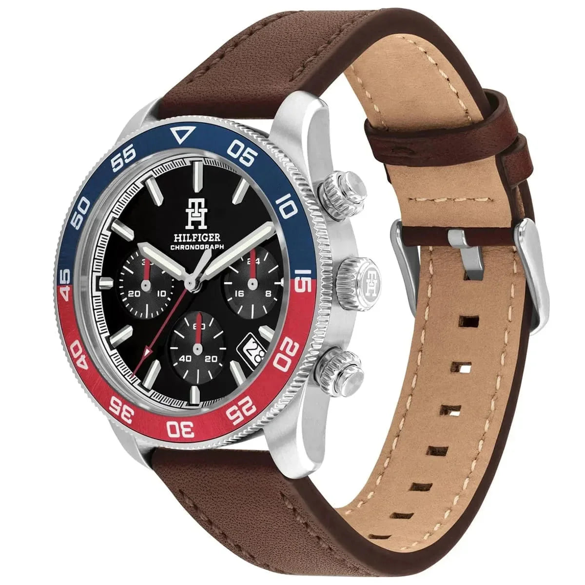 Tommy Hilfiger 1792166 Men’s Chronograph Watch – Black Dial, Pepsi Bezel & Brown Leather Strap - Luxury Hub Store
